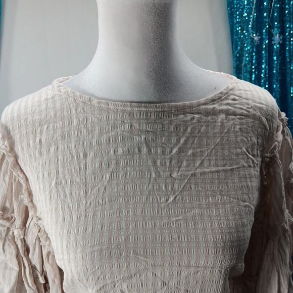 NWT Chelsea & Theodore Women SZ XS Taupe Striped Blouse Flutter Sleeves $68 MSRP - Picture 6 of 13